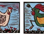 linocut print set, Rooster and Hen, in blue, red, green, yellow, perfect engagement and wedding gift