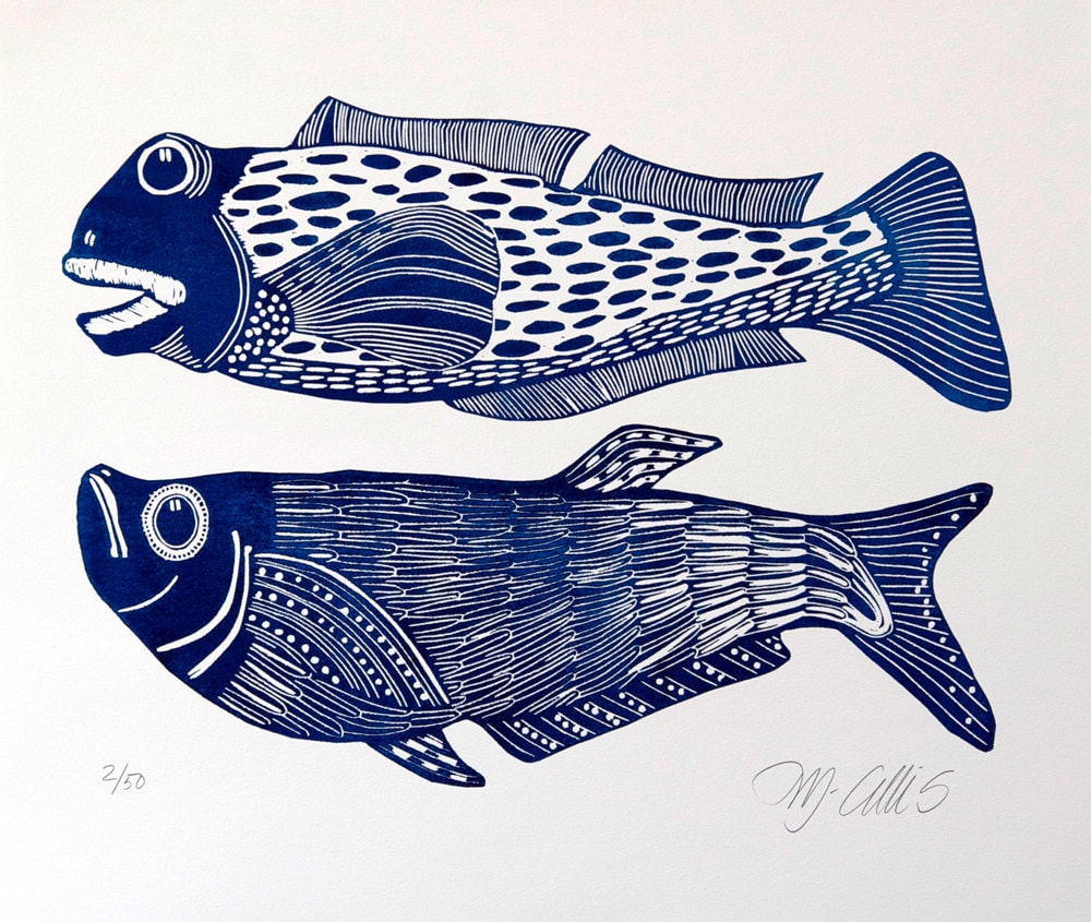 linocut print Big Boys fish in blue on white by linocutheaven
