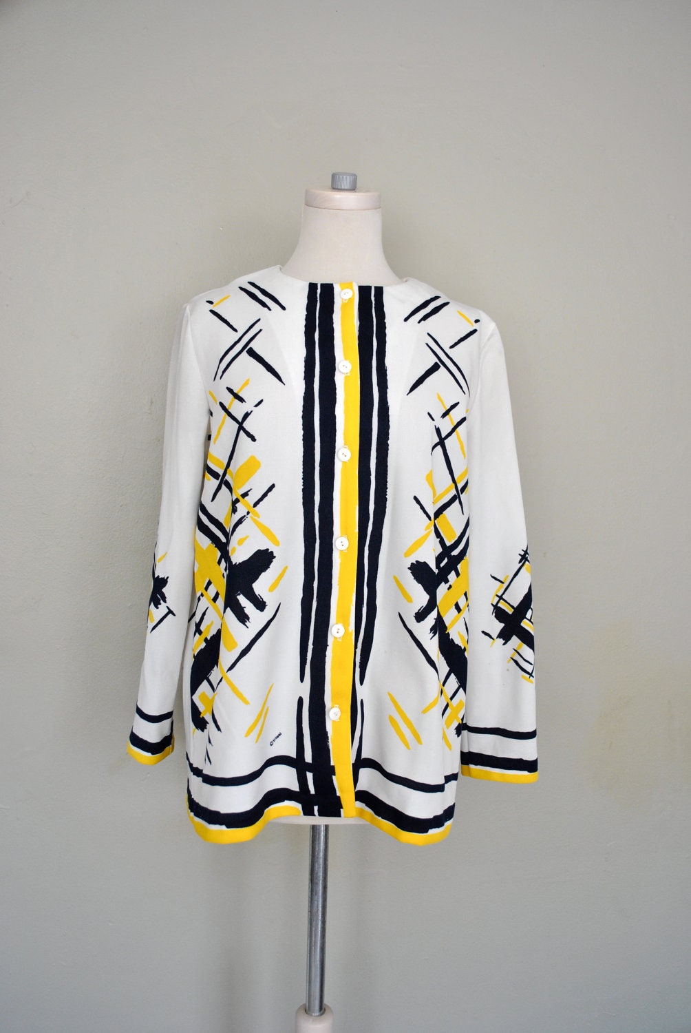 Bright 1970s Ladies Blouse / Navy Blue Yellow and White Abstract Design Shirt / Large Vintage / 1970s Clothing