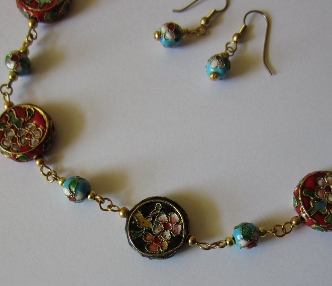 Cloisonne earring and necklace set.