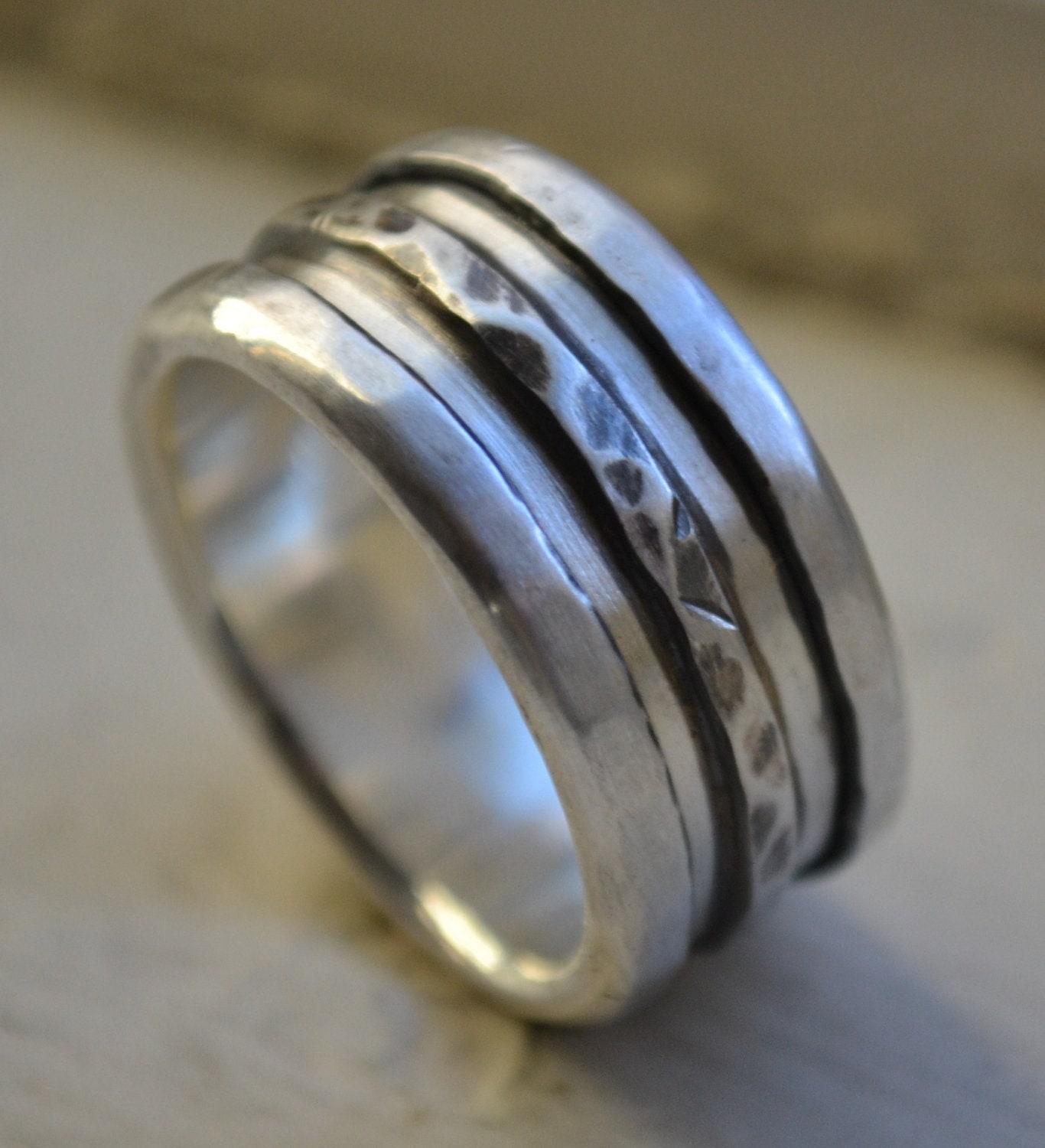 mens wide band ring - rustic oxidized fine silver and sterling silver ring - handmade artisan designed wedding band - customized