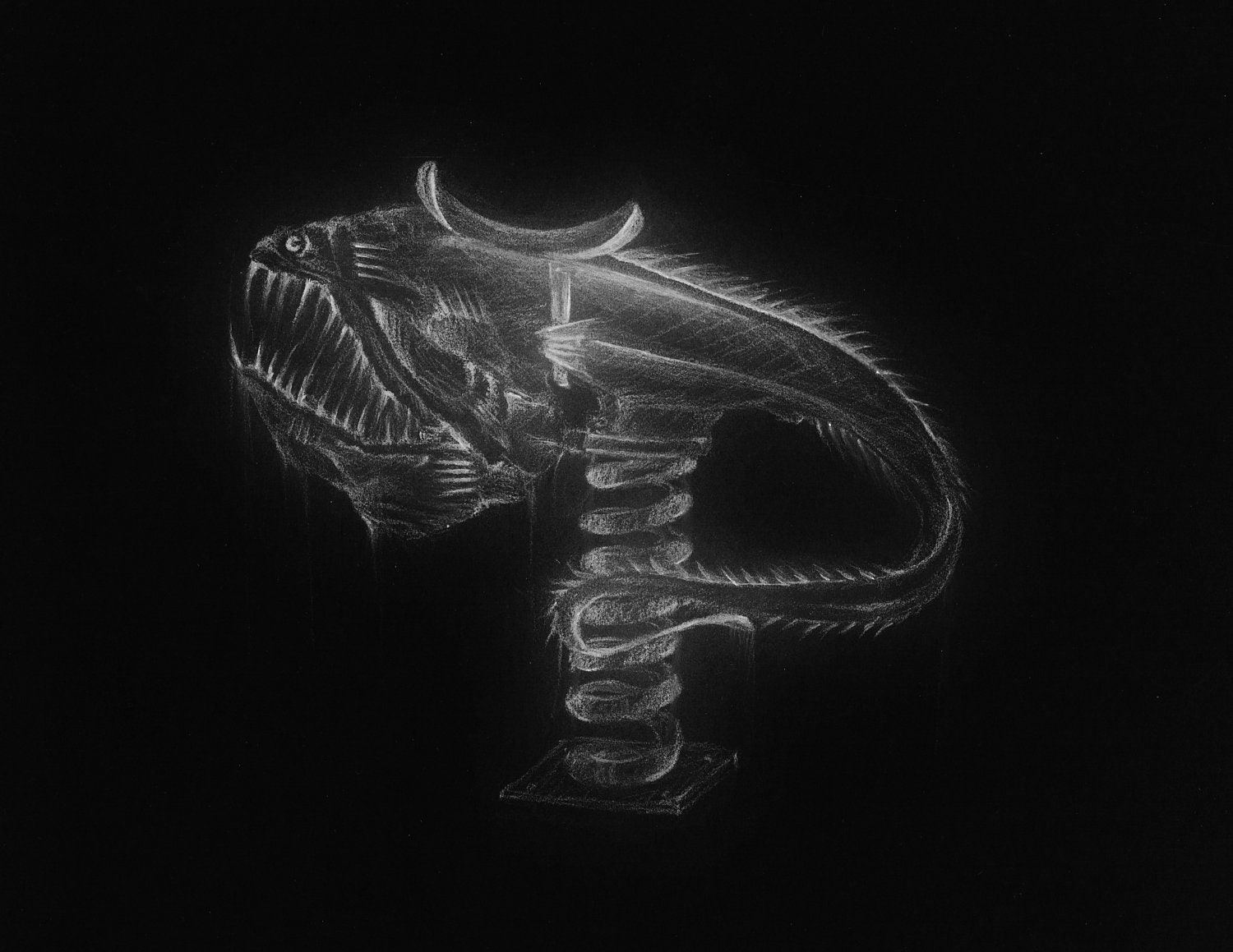 SALE 5x7 White Charcoal Inverted Apocalyptic Deep Sea Eel Spring Rider Macabre Playground Drawing Signed Lustre Print