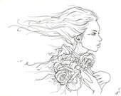Whispering Rose 8x10 signed by the artist of model Hattie Watson Faerie Nymph Fairy Ethereal Flower Ink Illustration