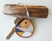 SUMMER SALE 20% OFF - wood keychain with stainless steel cable wire, tones of grey, dark grey, pale pink, ivory geometric triangle shapes