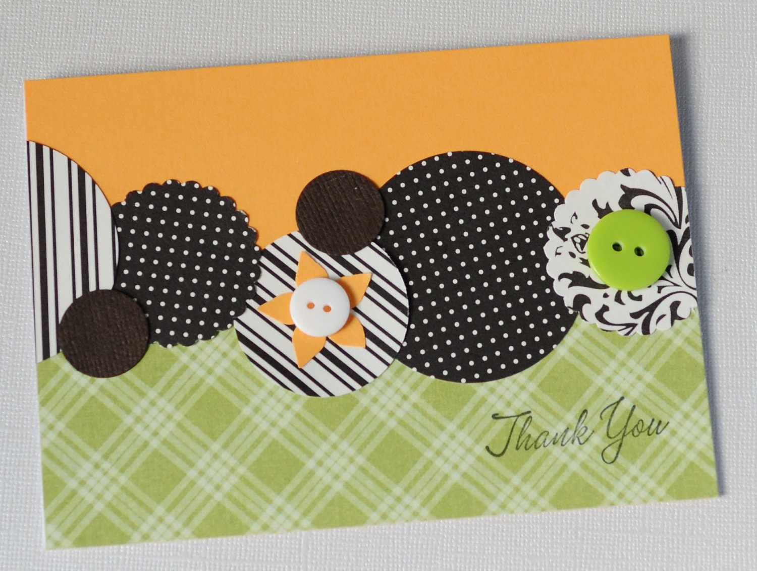 Thank You Card, Green Orange and Black Handmade Card