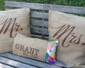 ONE Custom FAMILIY ESTABLISHED Eco Throw Pillow Cover Wedding Gift, Handmade from a Recycled Coffee Sack