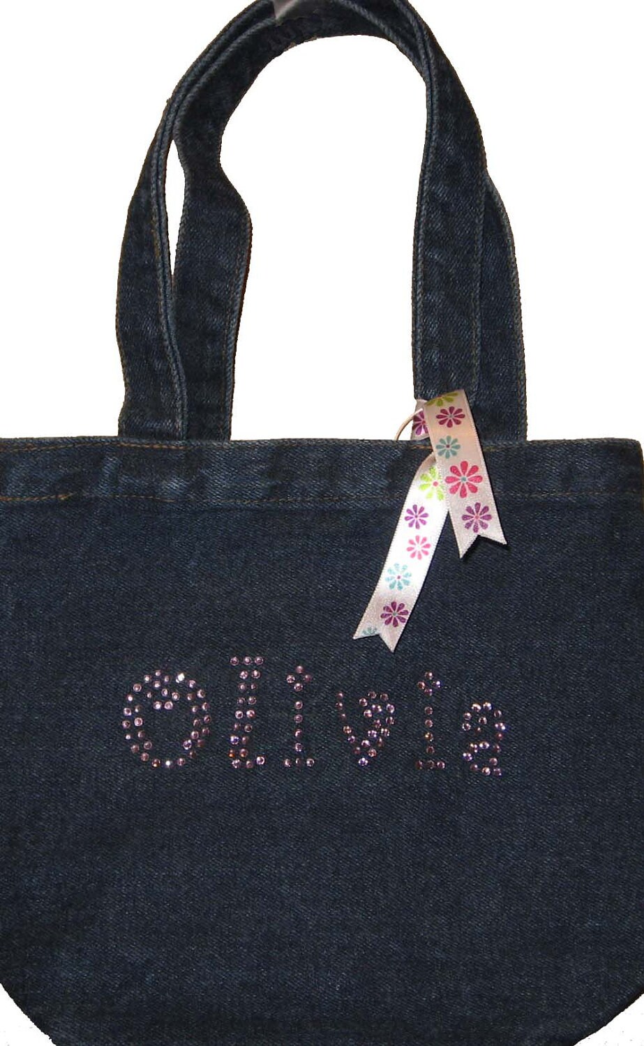 girl's rhinestone personalized denim tote bag