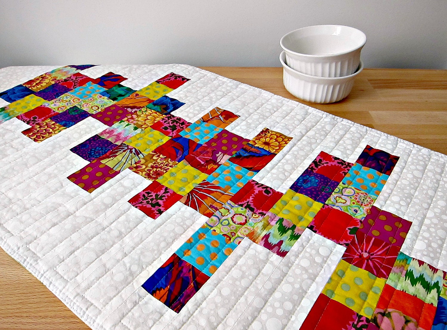 Quilted Table Runner Modern White Bright Colors