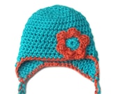 Crochet Baby Hat with Ear Flap - Teal and Salmon Infant Hat with Crochet Flower and Braided Ties