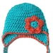 Crochet Baby Hat with Ear Flap - Teal and Salmon Infant Hat with Crochet Flower and Braided Ties