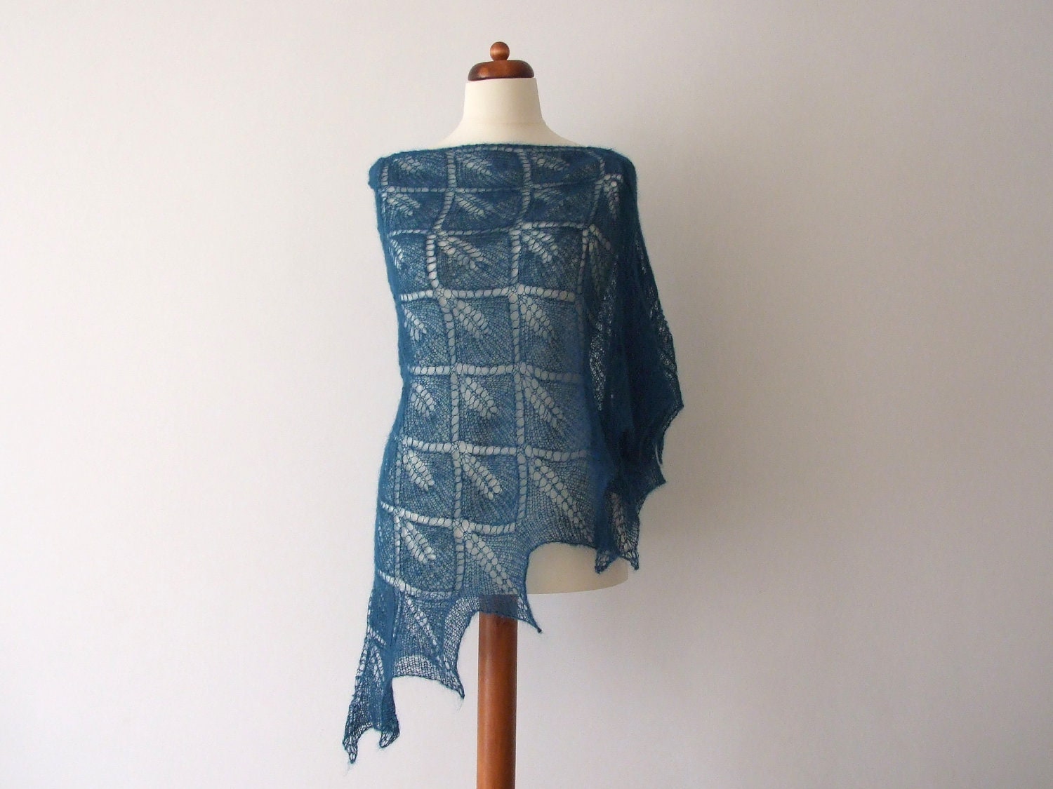 knit teal lace shawl triangle leaf motif light delicate big