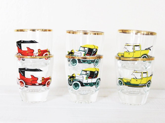 Vintage Shot Glasses Car Glass Barware For Him Mens classic Motor Red Green Yellow Gold Rim Austin Morris Rolls Royce 6