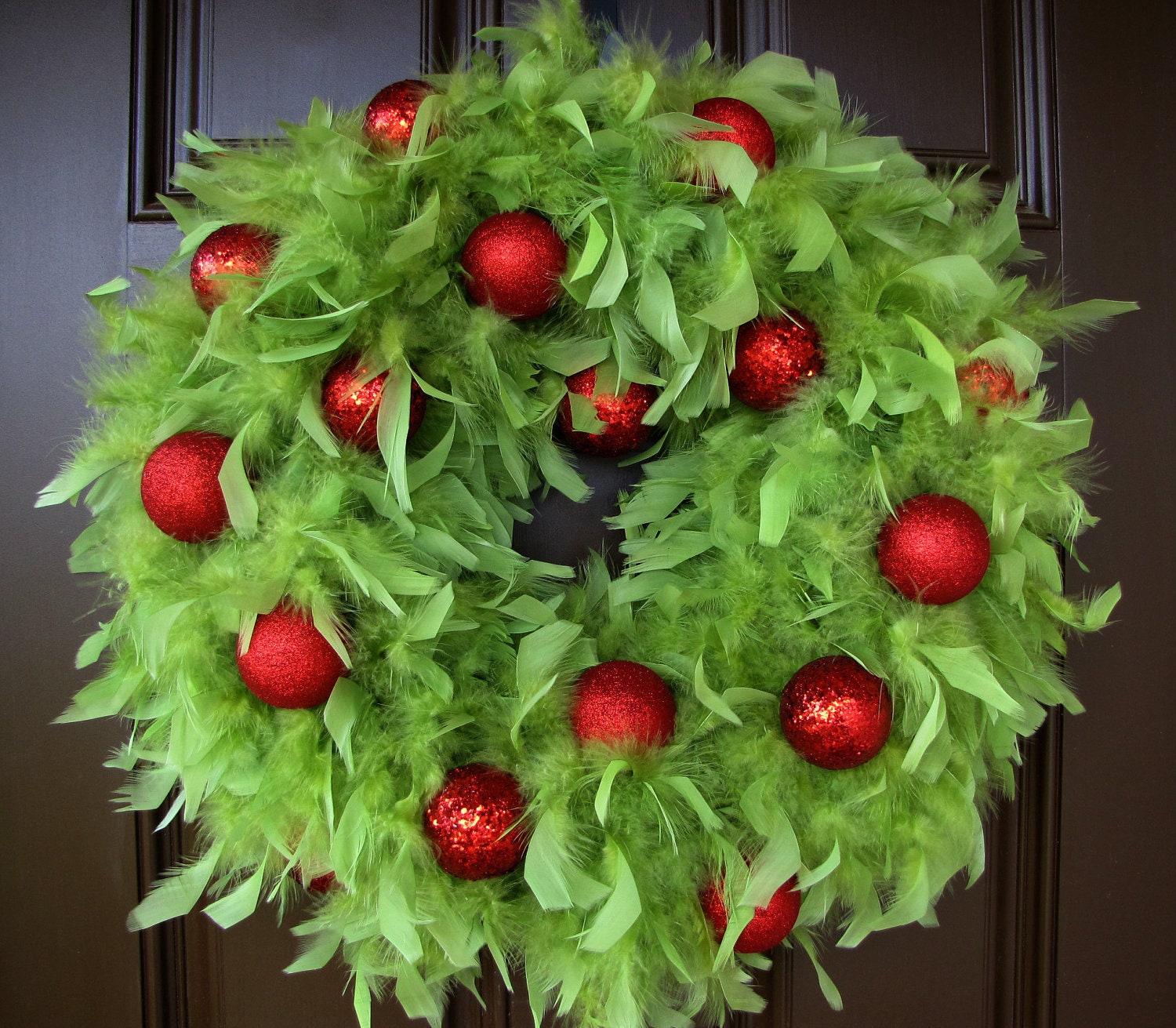 Christmas Wreath Lime Green Feather Wreath with Red Ornaments- LAST ONE - Free Wreath Hanger Inlcuded