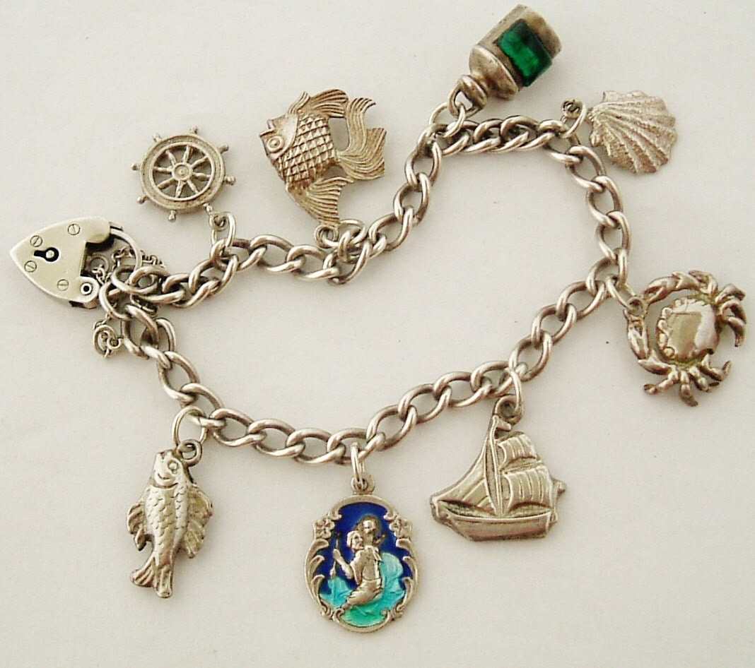 English vintage sterling silver charm bracelet 1954 maritime nautical theme