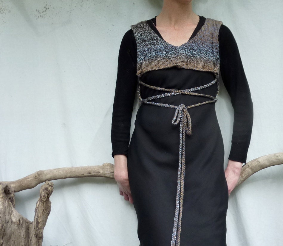 Storm Wonder Bodice, handknitted in browns and blues, lacing detail, v-neck and round neck, READY TO SHIP
