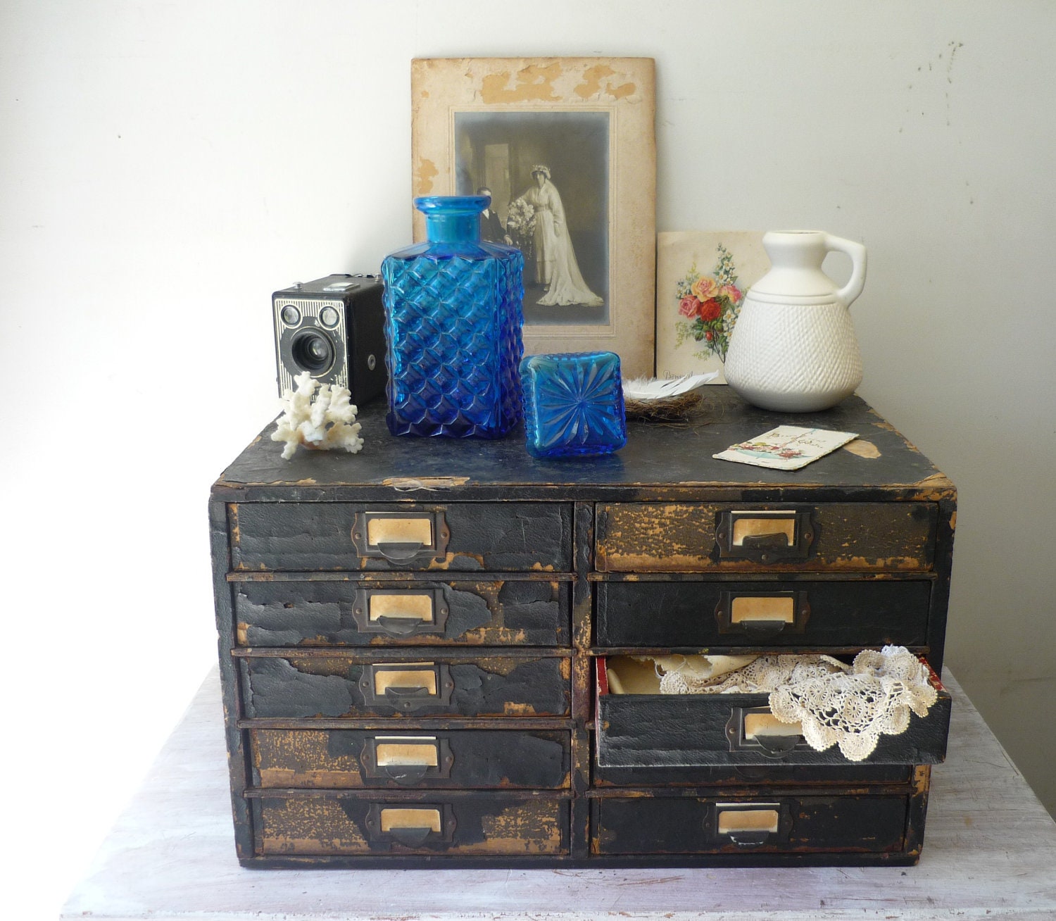 RESERVED for REBEKAH - Vintage Industrial Black Wooden Filing Drawers