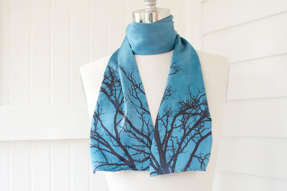 hand painted silk scarf  blue with tree branches