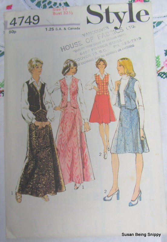 Vintage Sewing Pattern 1974 STYLE Skirt in two lengths and waistcoat (vest)