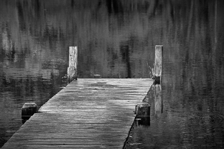 Autumn Reflections and Boat Dock on a Pond near Yankee Springs MichiganA Black and White Fine Art Wall Decor Photograph - RandyNyhofPhotos