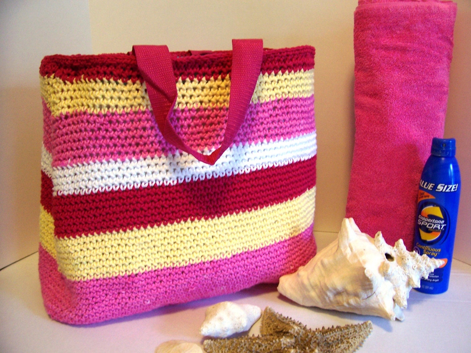 Recycled Lined Beach Bag Hand Crochet Bernat 100% Cotton yarn by Kams-store.com