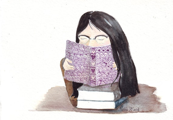 Original Watercolor Painting on Paper, Book lover girl with glasses