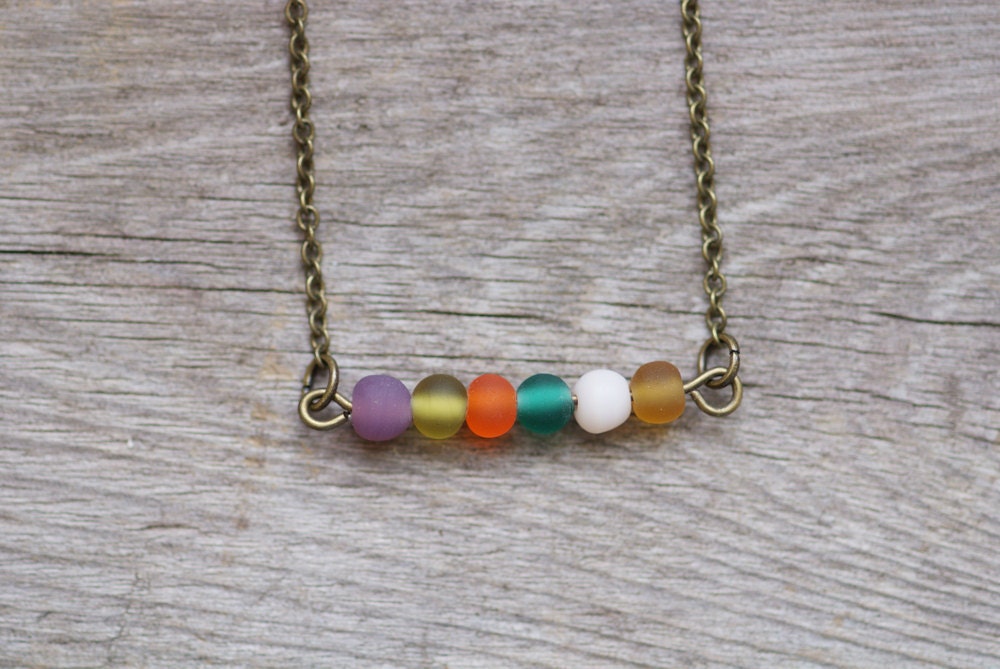 Multi Colored Circus Bar Necklace Petite Frosted Beads Vintage Brass