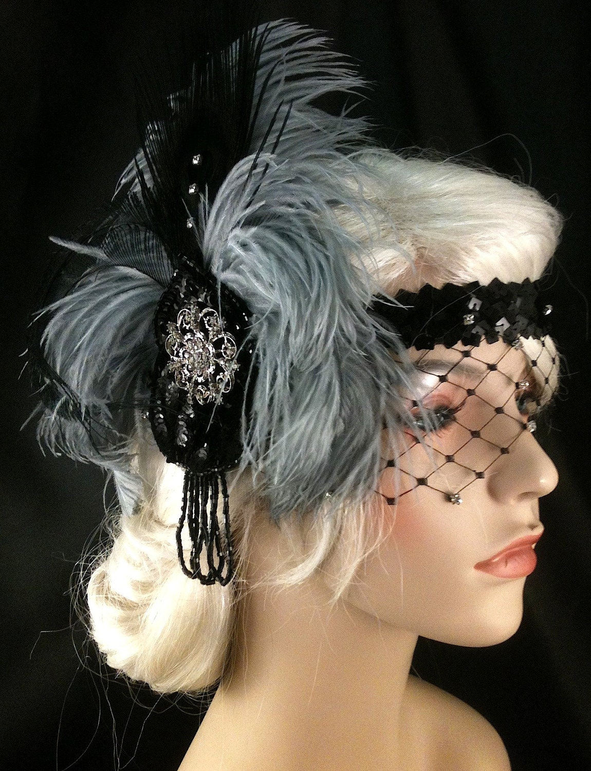 Flapper Headband,1920s Head Piece, Art Deco Headband, Silver/Grey Ostrich Plumes, Black Sequins, Veil, Great Gatsby, Ship Ready