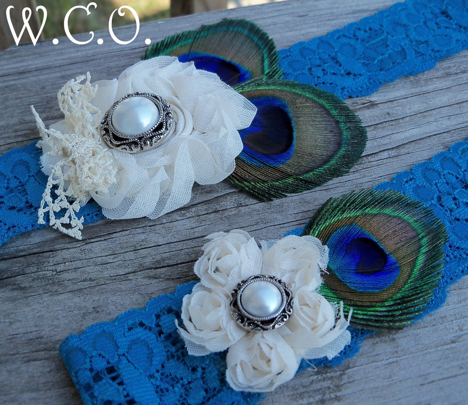 SomeThing Blue Bridal Peacock Garter Set on Stretch Lace with Shabby Chiffon Flower and Vintage Lace
