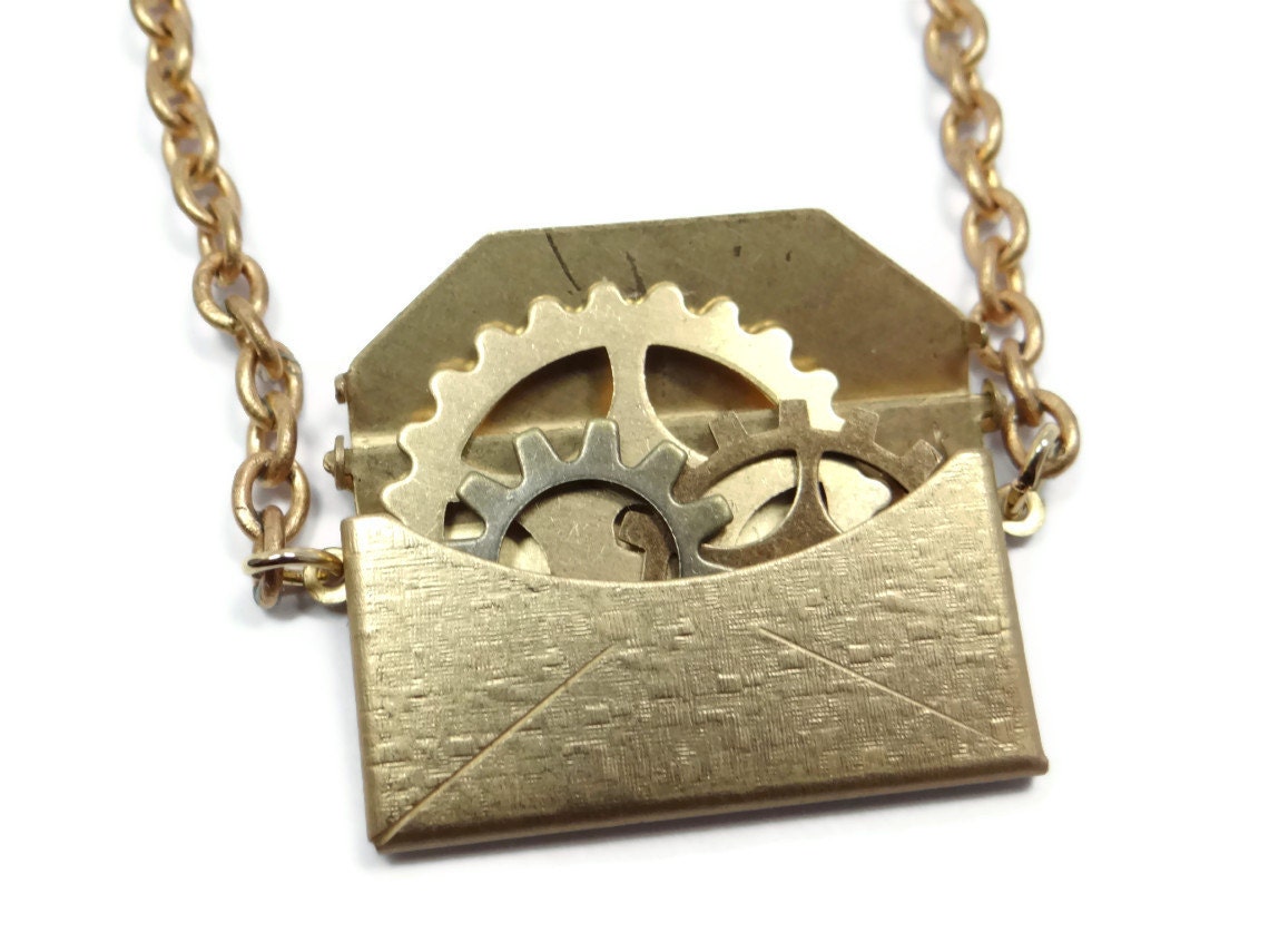 Steampunk Necklace An Automaton's Love Letter with Gold Brass and Gears by Dr Brassy Steampunk
