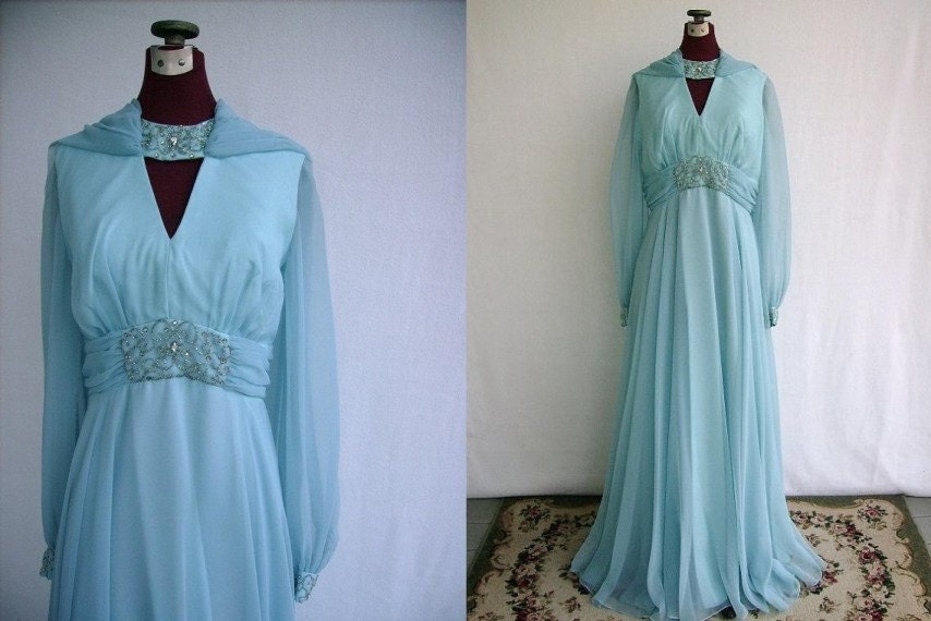 Vintage 60's Evening Gown Formal Blue Chiffon Rhinestone