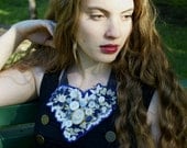 Upcycled Vintage Lace, Felt Statement Jewellery, Bib Necklace, Heart Shaped, Blue, White, Buttons
