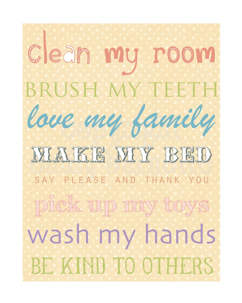 8x10 - Minding My Manners Print - Childrens Chore List - Manners List - Children Wall Art Print - Emily Burnette - Recipe 4 Cute