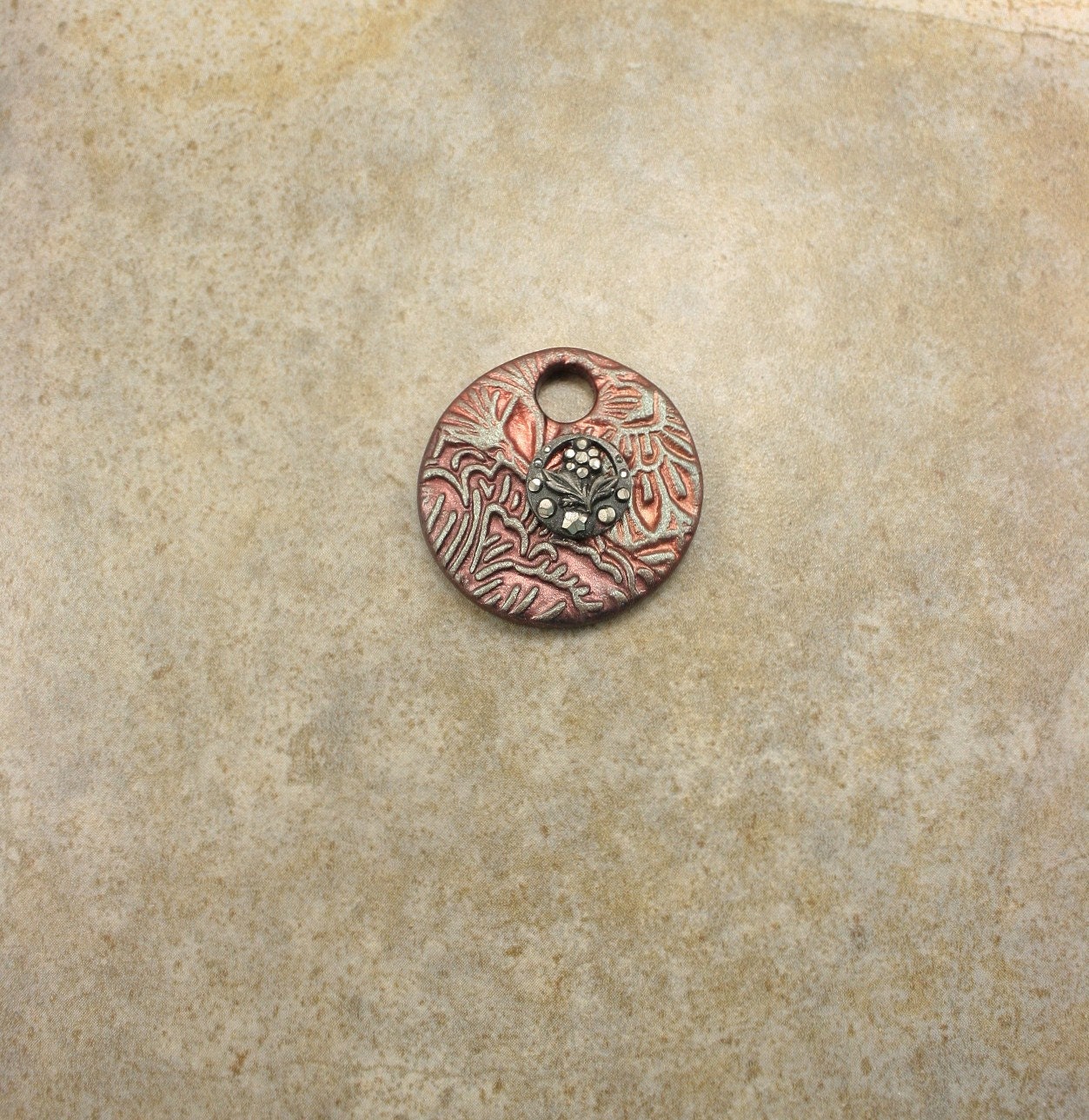 Mixed Media Pendant Black Silver Brown Copper Sage Green Floral Pendant