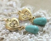 Blue turquoise and gold earrings heart shaped -  gold vermeil earrings with Majorica perfect blue  pearls.