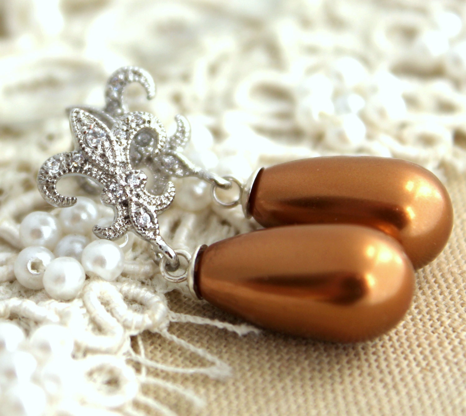 flor de lis posts brown pearl earrings, bridesmaids jewelry - Rhodium plated over brass cz zirconia and swarovski pearls.