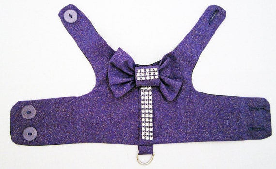 Red Carpet Diva - Dog Harness Vest, Purple Sparkle Fabric with Rhinestone Trim Down the Back and on Bow Accent