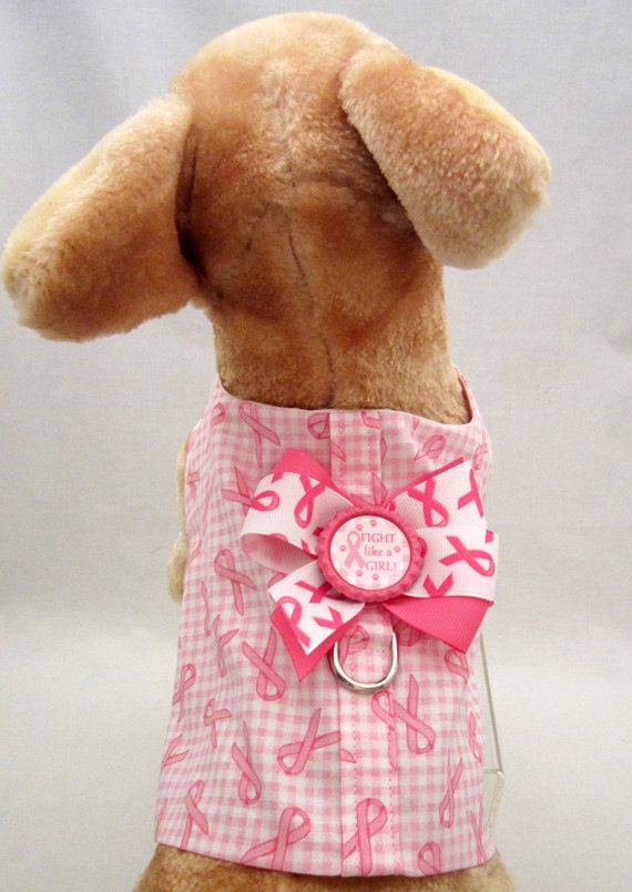 Fight Like a Girl - Dog Harness Vest Custom Made in Pink Ribbon Awareness Fabric, Coordinating Bow and Bottlecap Accent - XXSm, XSm, Sm, Med