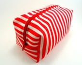 Red and White Striped  Makeup Bag, Cosmetic Pouch, Pencil Case,  Zippered, Travel, On the go, For her, Under 10, Cute, Small - ellebeetree
