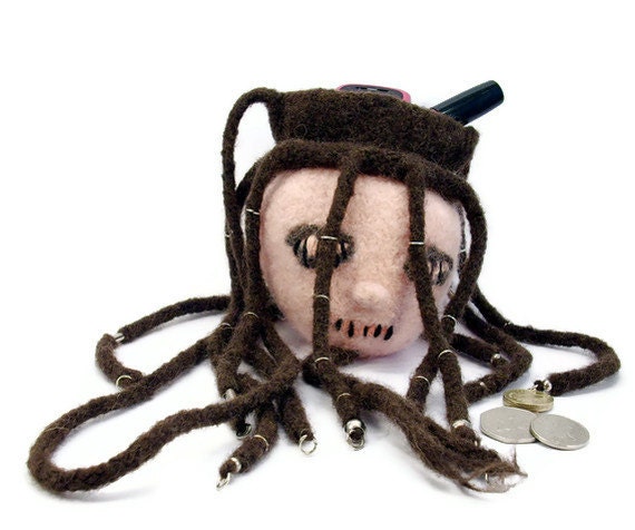 Goth bag shrunken heads creepy weird novelty horror purse handmade knitted felted pouch purse with shoulder strap