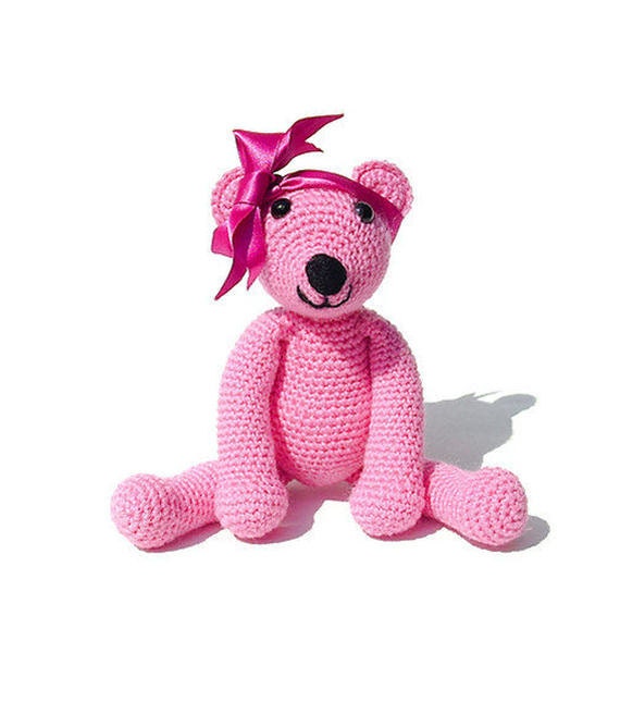 Crochet teddy bear girls pink bear amigurumi animals toy plushie handmade teddy in pastel pink with satin ribbon headband