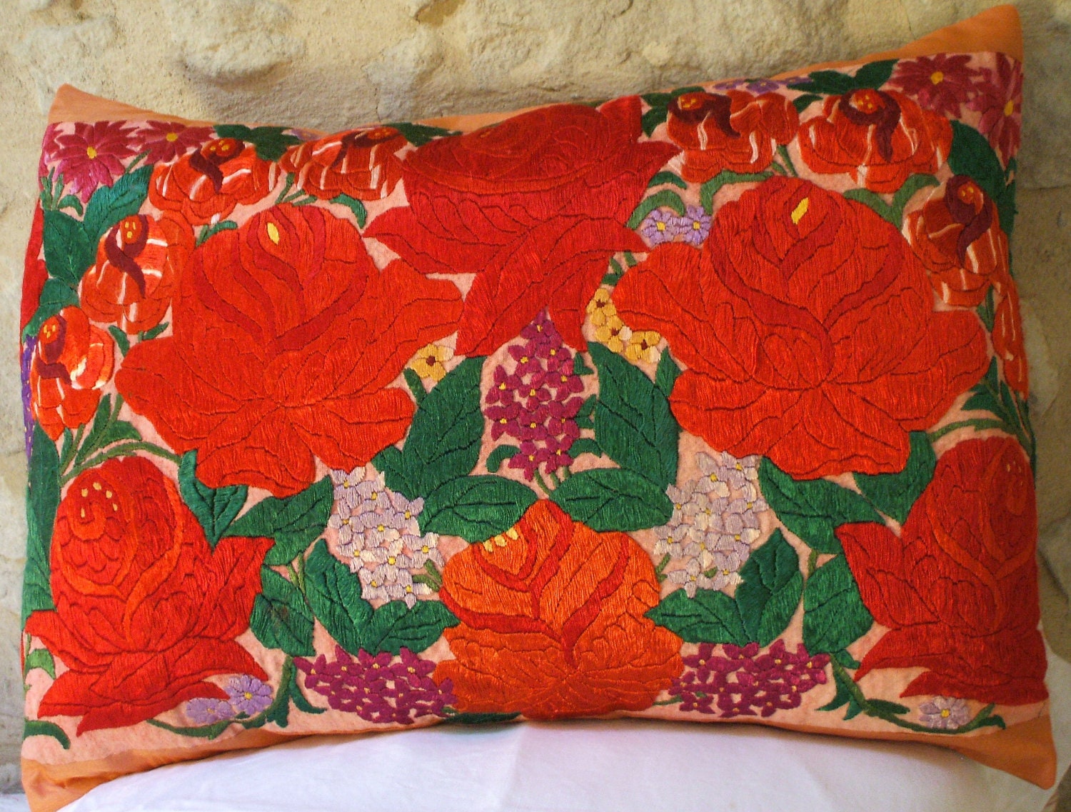 hand embroidered antique French pillow FRENCH LINEN French silk