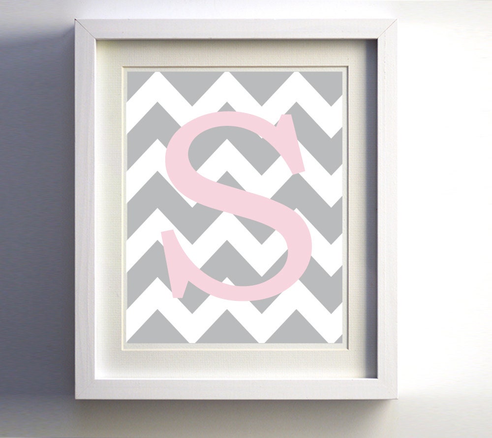 Personalized Monogram Chevron Initial Grey Light Pink Custom wall decor more colors available 11x14