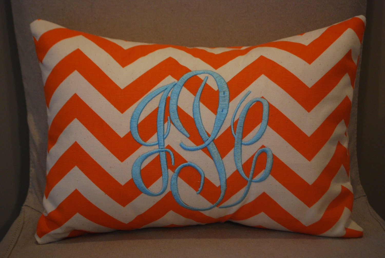Monogrammed Mandarin Orange Chevron Print Throw Pillow-Small Lumbar
