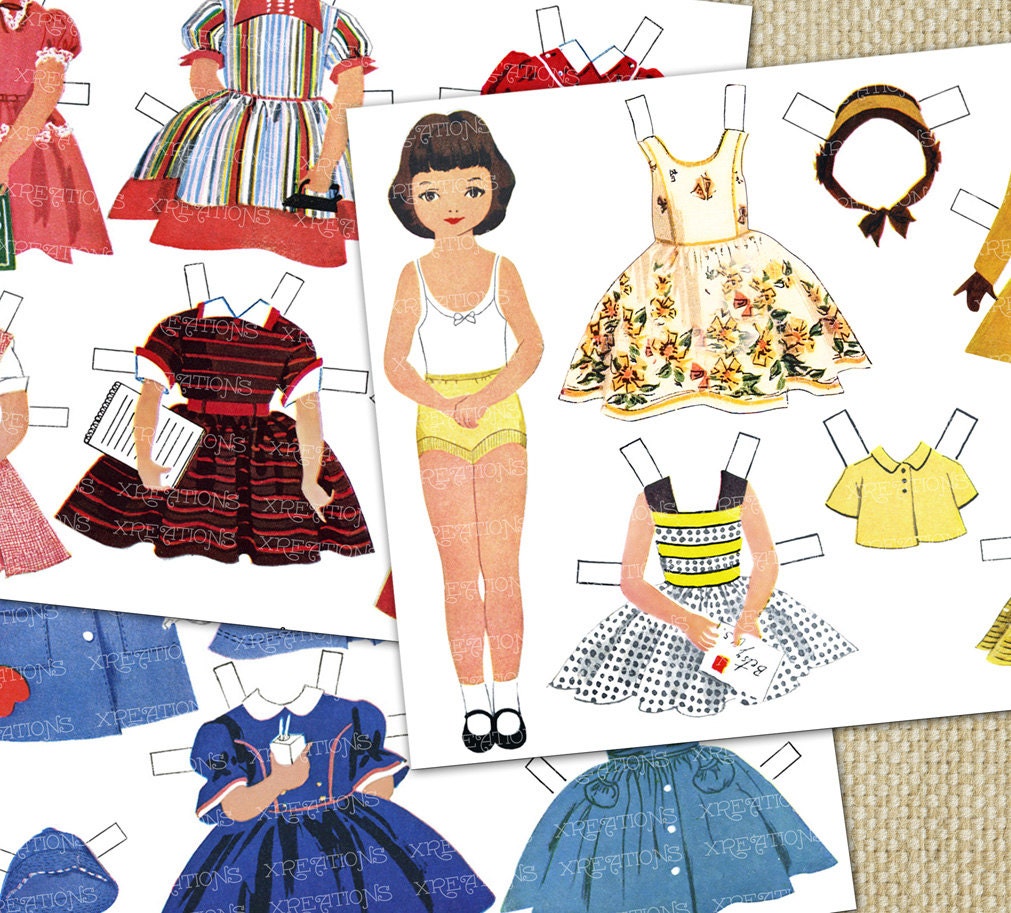 Printable Paper dolls - 1950s era - Dress up dolls - 15 dress set in yellow, red and blue sets - Large 7 inches doll - Xreations