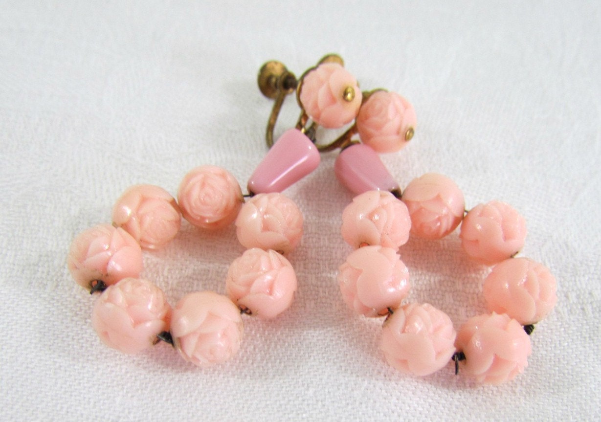 Vintage Rose Bead Plastic Dangle Earrings Adjustable