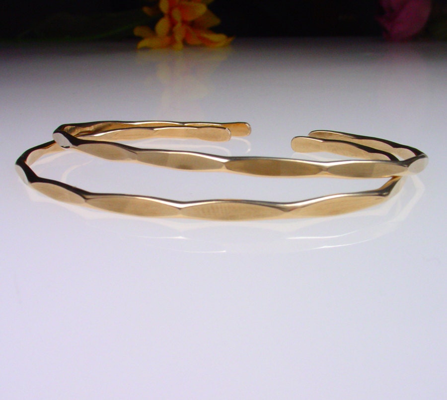 2 - Medium Gold Cuff Bracelets - 14k Yellow goldfill - Stacking Bangles - Thin Bangle Bracelets
