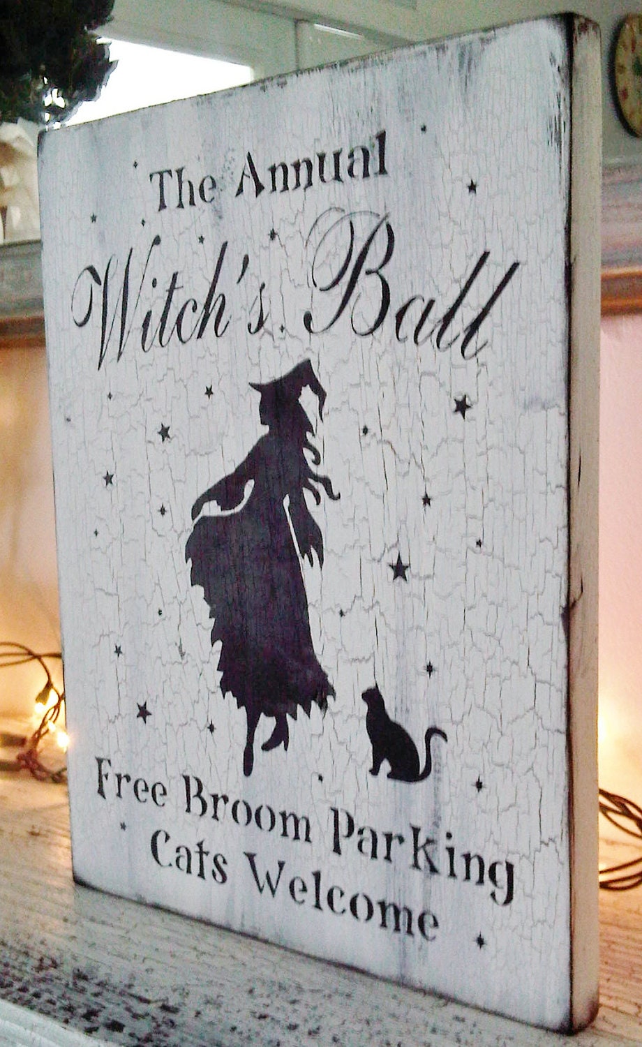 Witch Sign, Halloween decor,   "ANNUAL WITCH'S BALL Free Broom Parking Cats Welcome " - vintage style black and white crackle distressed
