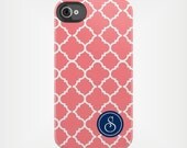 Personalized Graduation Gift iPhone 5 Case 4 / 4S or 3G or Samsung - Coral Quatrefoil Navy Monogram- original design by a drop of golden sun