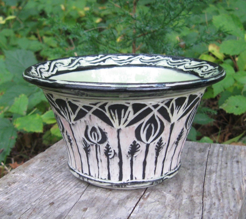 Black and White and Green Sgraffito Bowl with Leaves and Flowers