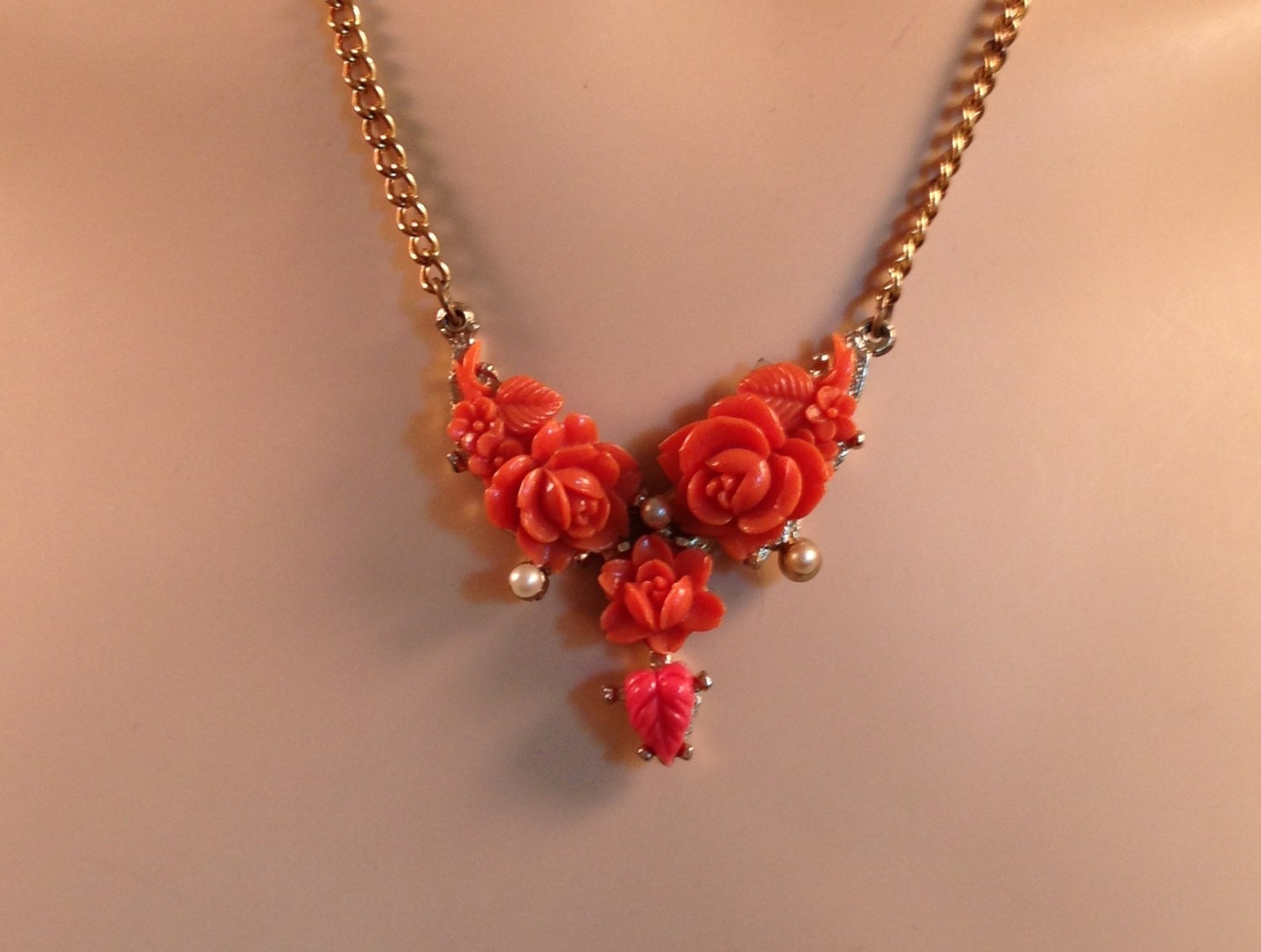 Vintage Coral Celluloid Floral Necklace